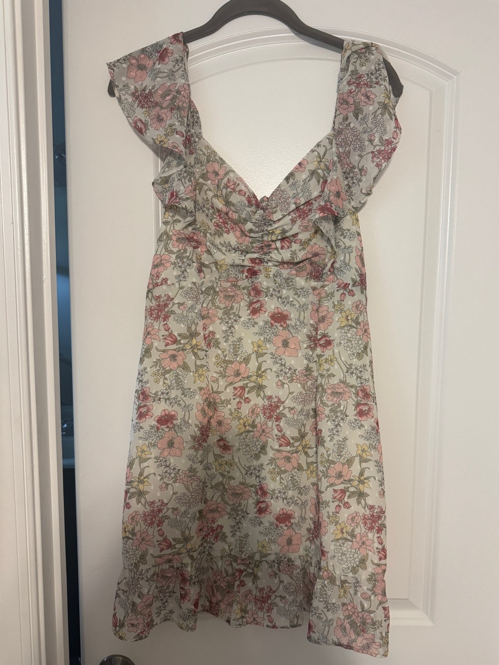 Hello Molly Floral Ruffle Mini Dress in Cream, Pink and Green